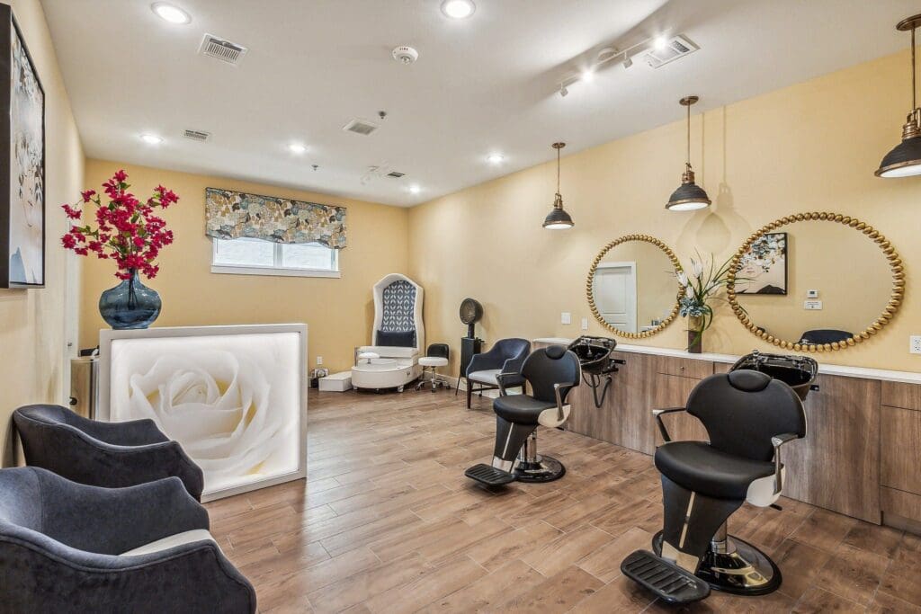 Salon and barber room at The Lakes at Woodhaven Village, a retirement community near Huntsville, TX.