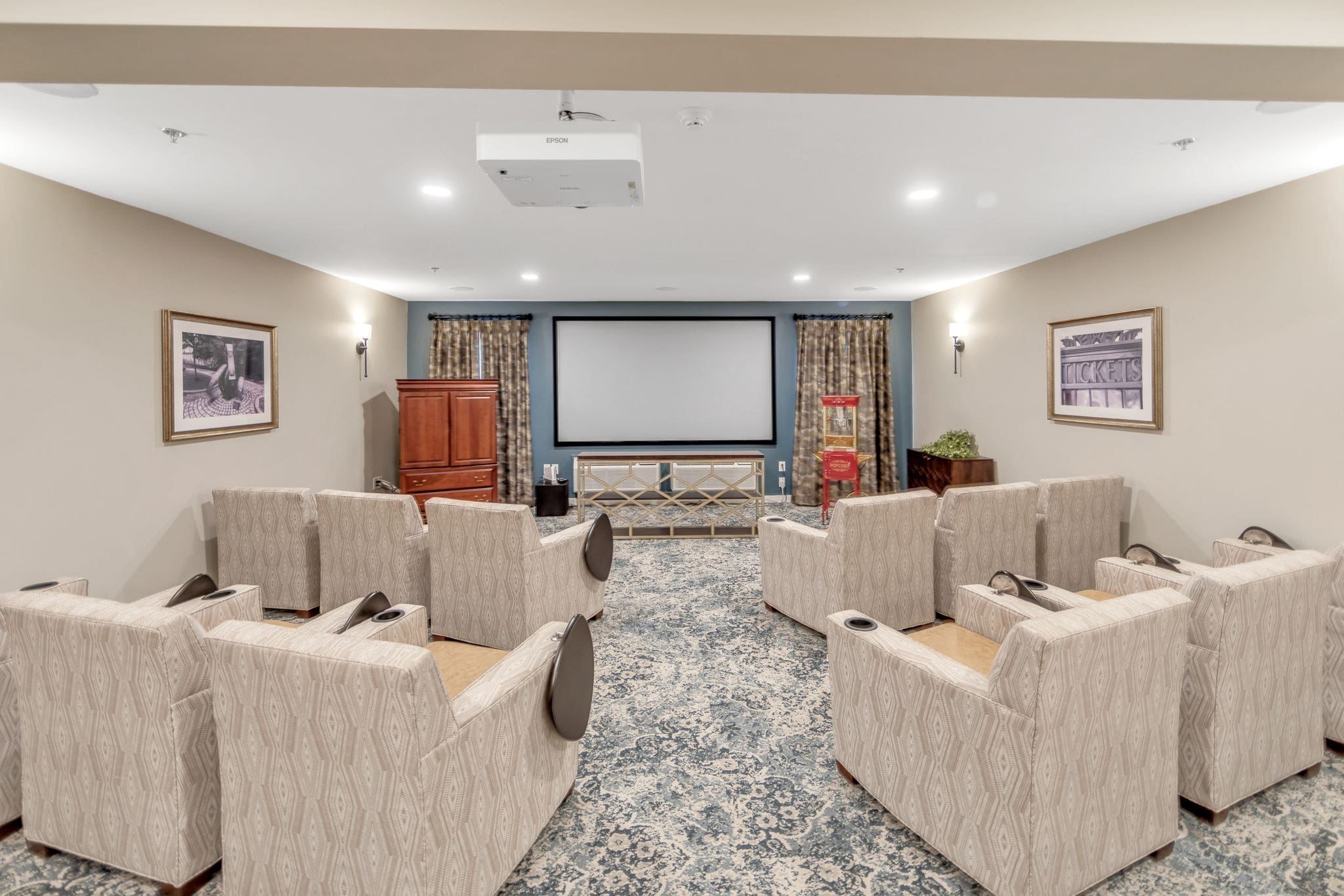 - Grace Management Movie room with projection screen at Parkrose Estates, a trusted choice for senior living near Fayetteville, NY.