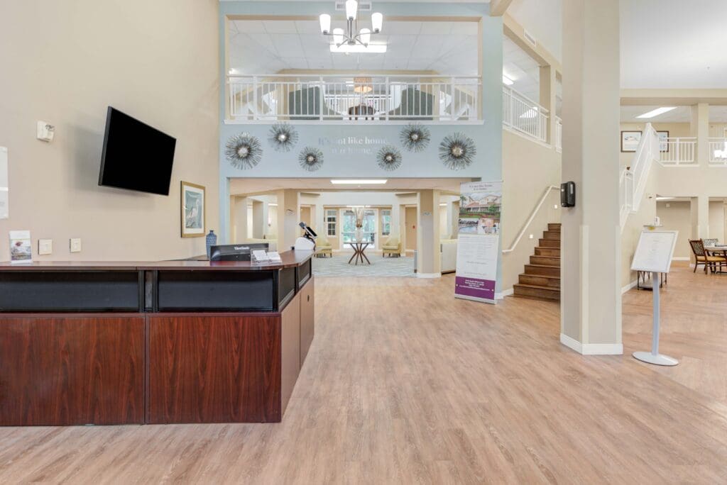 Interior shot of Windward Palms lobby entrance at Windward Palms, a premier senior living community near Boynton Beach.