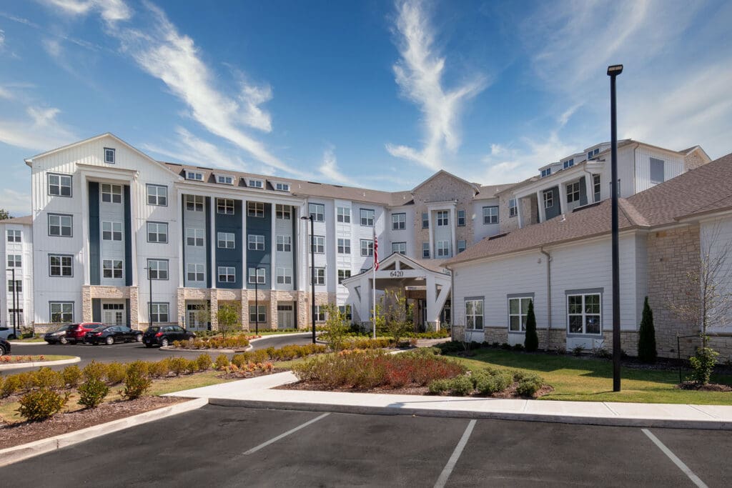 Grand front entrance of The Summit of Germantown, offering premier senior living in East Memphis.