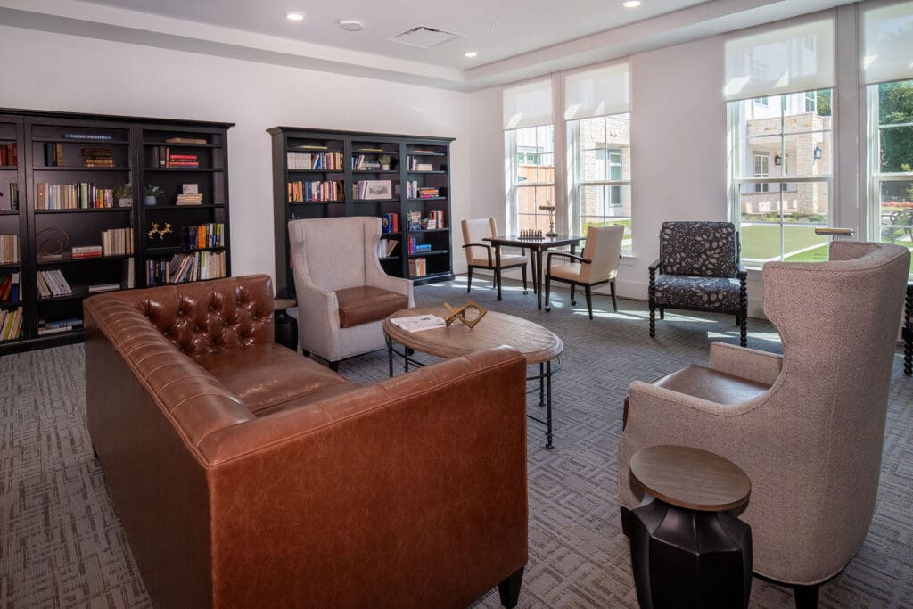 - Grace Management Cozy library and reading lounge at The Summit of Germantown, a top-rated Cordova senior living community offering engaging activities and relaxation spaces.
