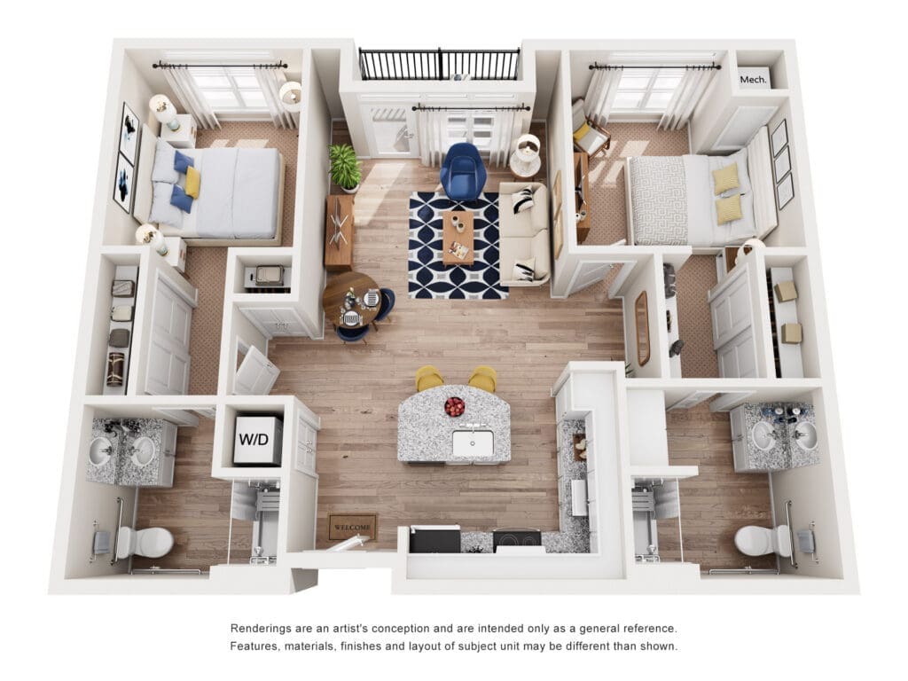 Top-down 3D floor plan of a two-bedroom apartment with living room, kitchen island, dining area, and two bathrooms.