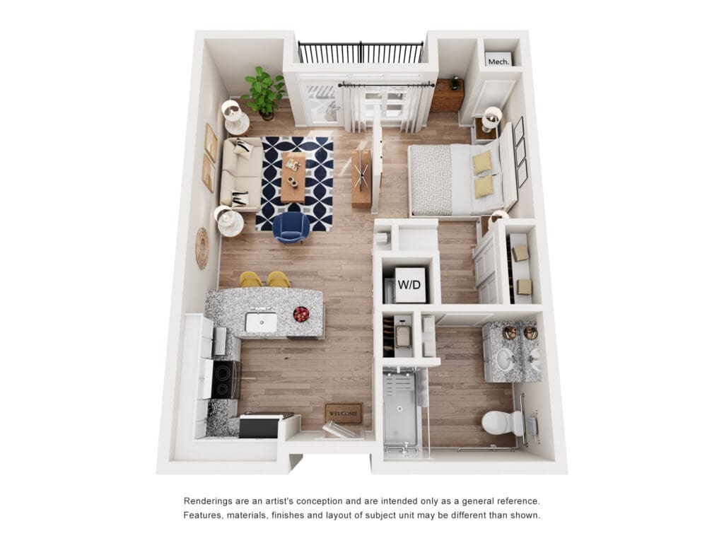 Isometric floor plan of a one-bedroom apartment showing living area with rug, kitchen island, bedroom, bathroom, and laundry area labeled W/D.
