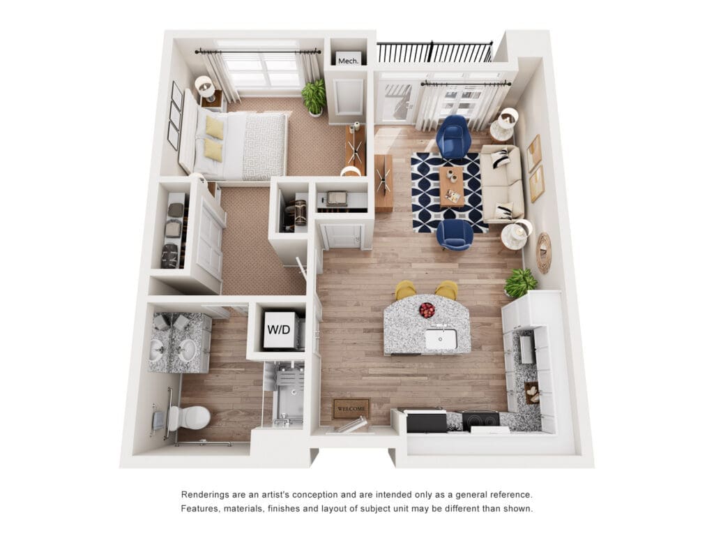Isometric floor plan of a one-bedroom apartment showing living room, kitchen island, dining area, and bedroom with closet and bathroom.