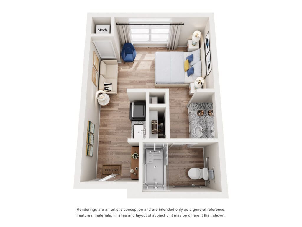 A compact apartment layout: bedroom with bed and two nightstands, living area with sofa and chair, kitchenette, and bathroom, viewed from above.