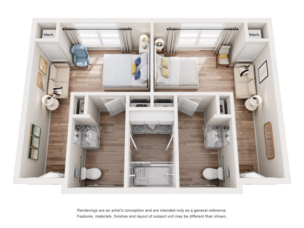 Isometric floor plan of a two-bedroom apartment with two bathrooms, living area, and closets.