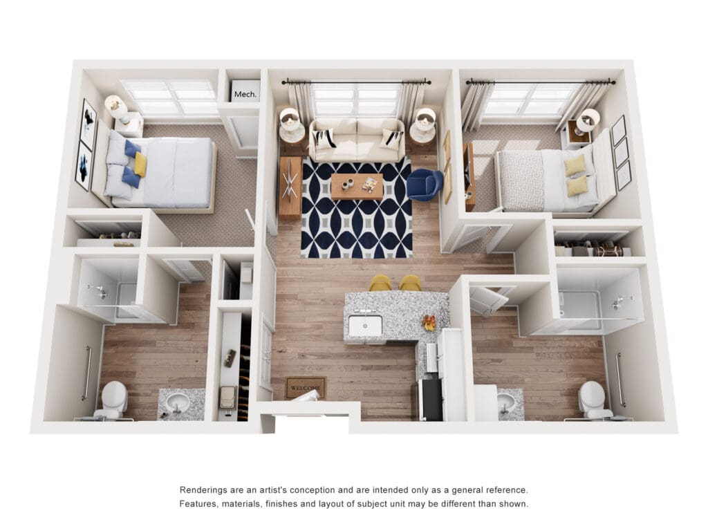 Spacious two-bedroom floor plan featuring upscale amenities, a welcoming living area, and modern bathrooms.