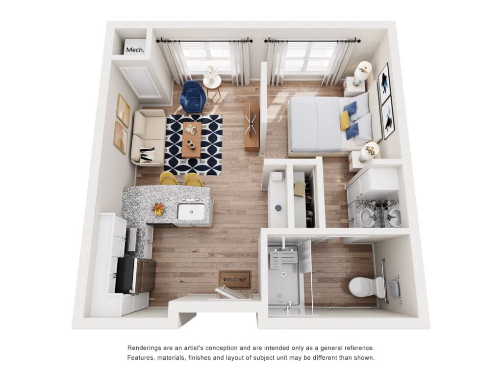 Spacious senior living apartment layout featuring a cozy living area, modern kitchen, and well-appointed bedroom.