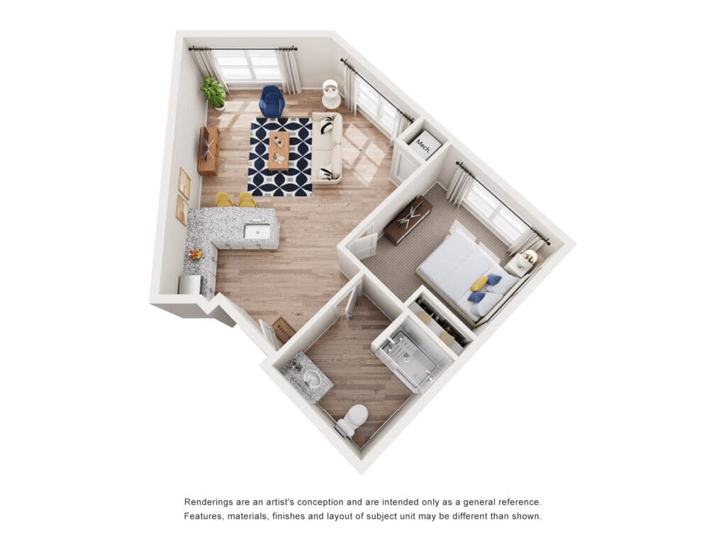 Stylishly designed one-bedroom apartment with modern amenities, featuring a cozy living area and well-equipped kitchen.