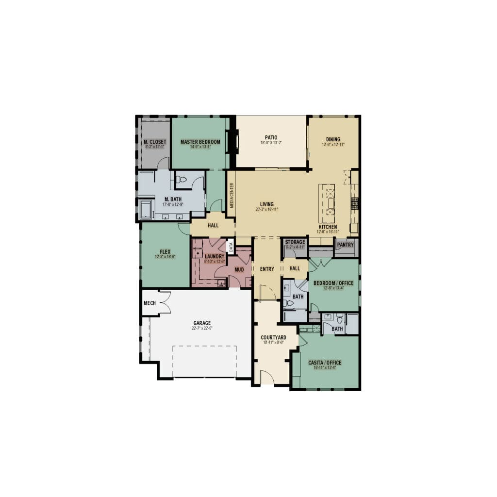 Spacious, thoughtfully designed floor plan showcasing upscale living areas, including a master suite, patio, and garage.