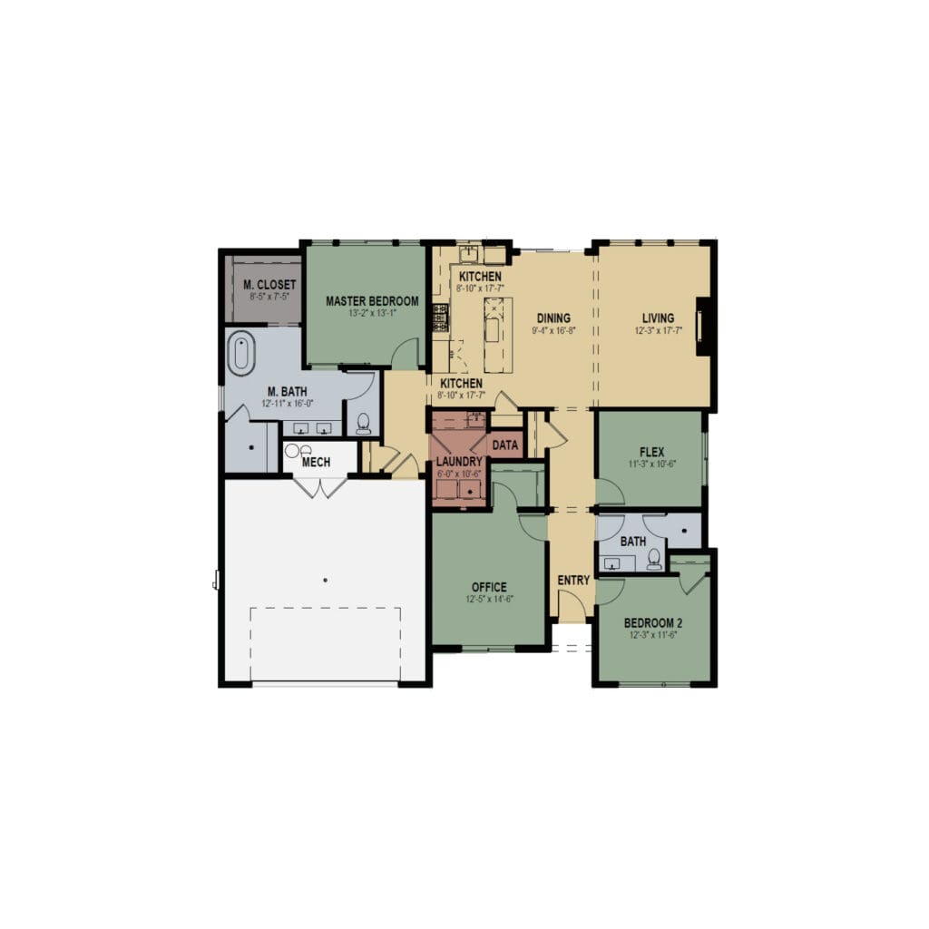 Architectural floor plan of a single-family home: master suite on the left, central kitchen/dining, living room to the right, with office, laundry, and garage below.