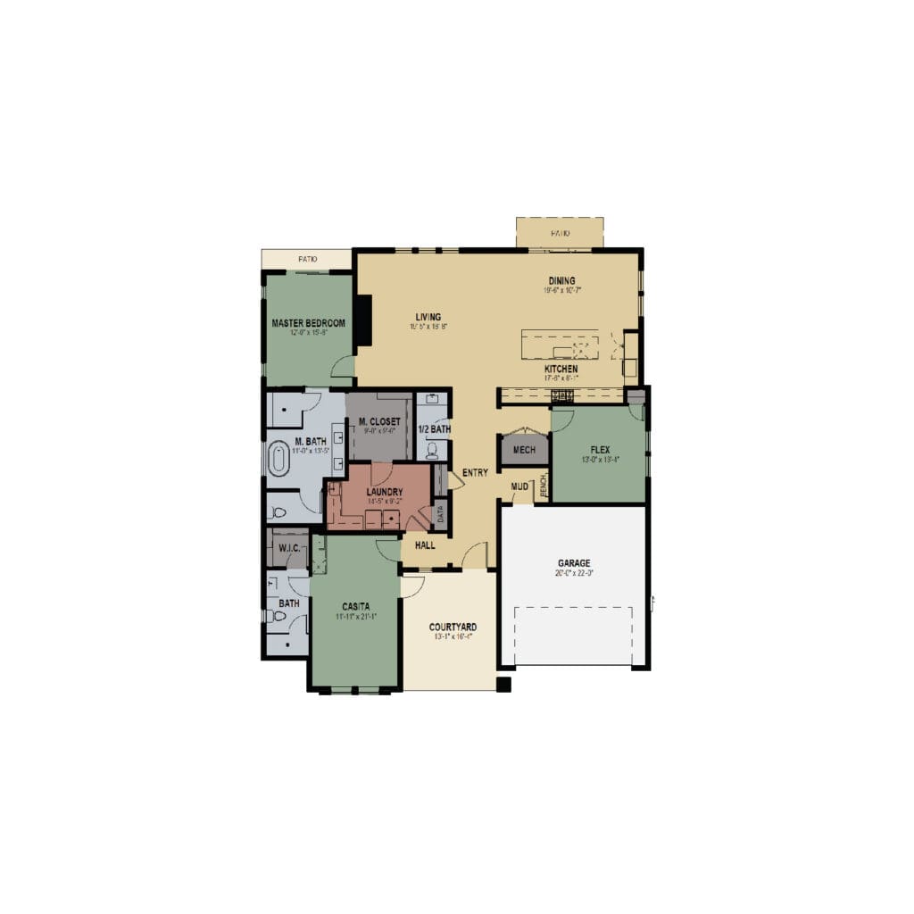 Open-floor plan of a house showing living, dining, and kitchen area with island; master bedroom suite on the left and a casita with courtyard at the bottom; garage on the right side and outdoor patios.
