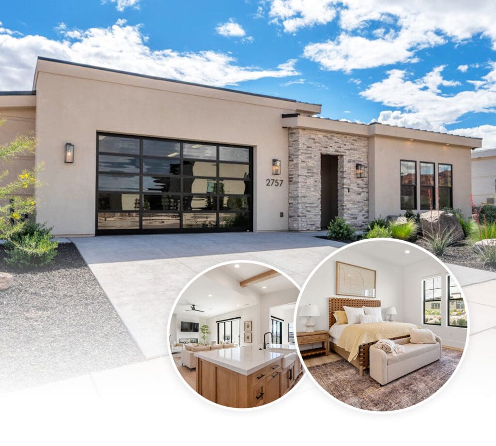 Modern senior living home showcasing upscale exterior and inviting, stylish interior spaces, including a bedroom and kitchen.
