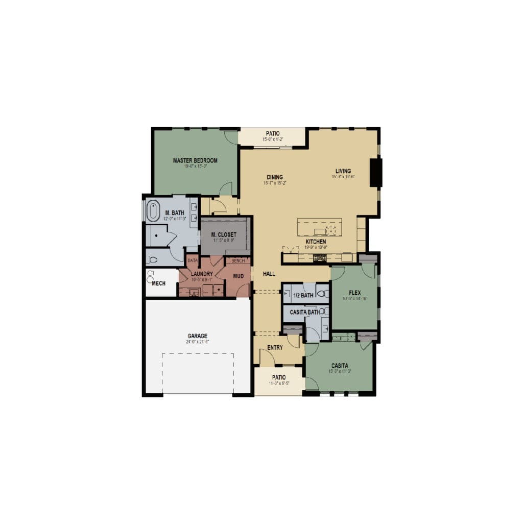Floor plan of a sophisticated living space featuring a master bedroom, flexible areas, and upscale kitchen.