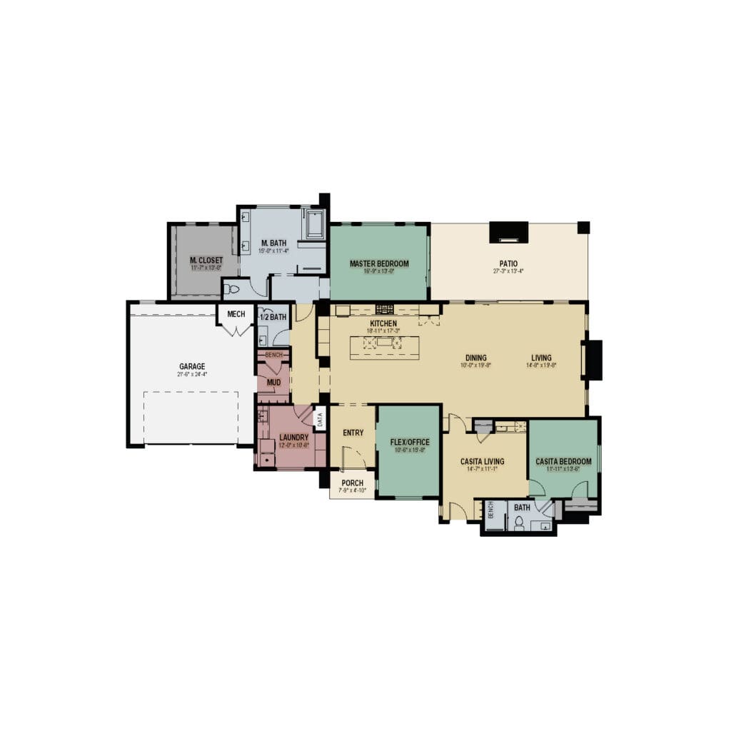 Floor plan of a single-story home showing rooms: master bedroom, kitchen, dining, living, casita, bedrooms, bath, laundry, garage, foyer, and patio area with labeled dimensions.