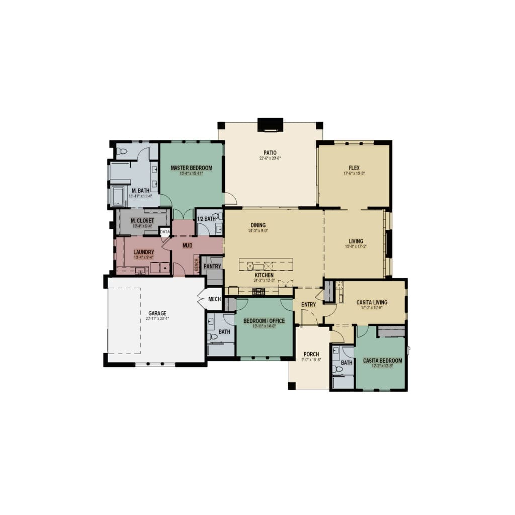 Detailed floor plan showcasing a spacious layout with multiple bedrooms, living areas, and outdoor patio space.