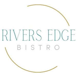 Logo for Rivers Edge Bistro: teal 'RIVERS EDGE' with gray 'BISTRO' beneath, framed by gold circular arcs.