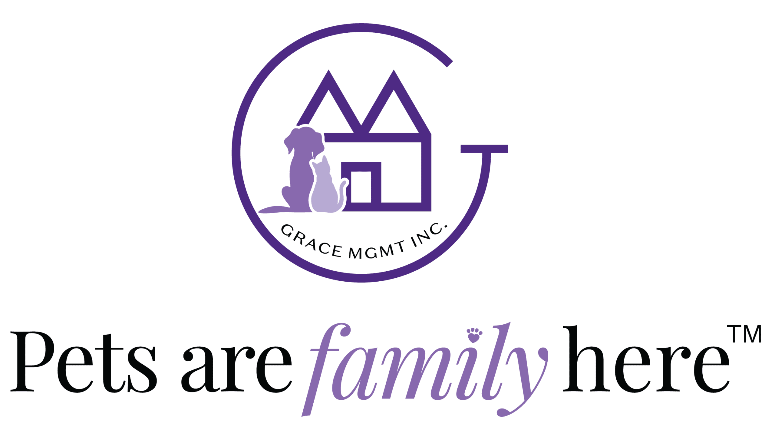 Stylized logo featuring a home and pet icon, with the phrase Pets are family here in elegant typography.