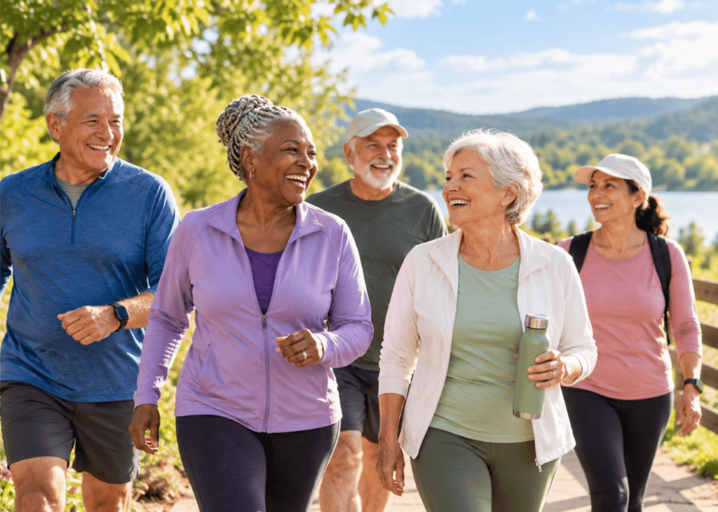 Group of cheerful seniors walking together along a scenic path, enjoying a vibrant outdoor lifestyle and companionship.