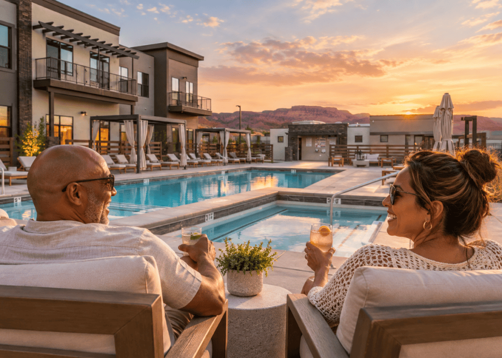 Couple enjoying drinks by a luxurious pool at sunset, surrounded by elegant amenities and a serene atmosphere.